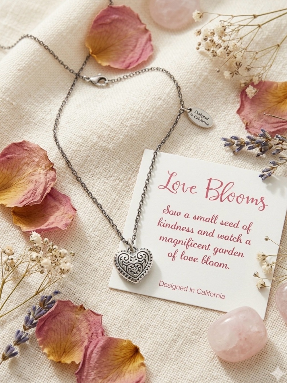Brighton silver plated "Love Blooms" Necklace, reversible charm, NWT 18" - 3104